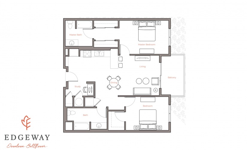 2A - 2 bedroom floorplan layout with 2 bathrooms and 1062 square feet