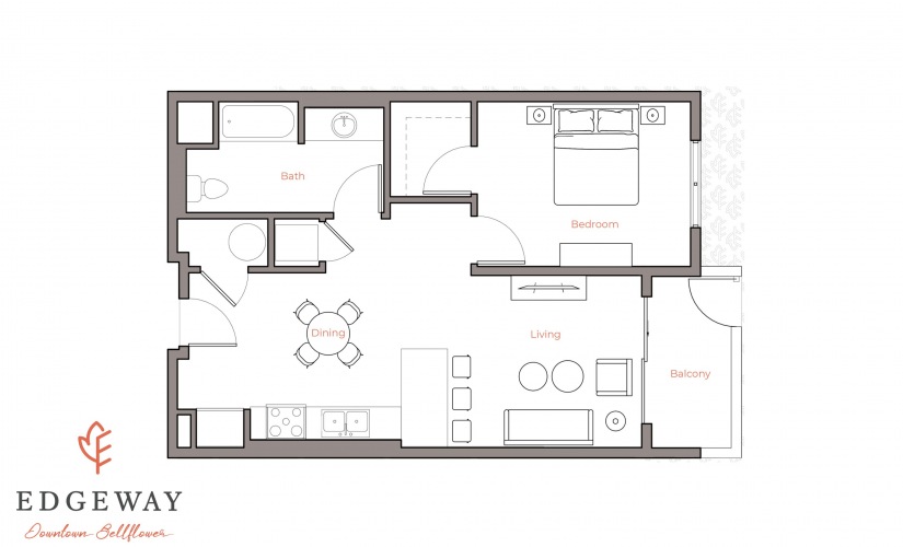 1A - 1 bedroom floorplan layout with 1 bathroom and 652 square feet