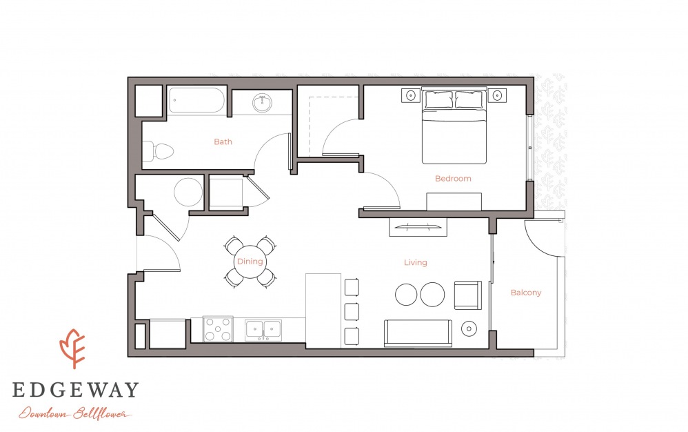 1A - 1 bedroom floorplan layout with 1 bath and 652 square feet.