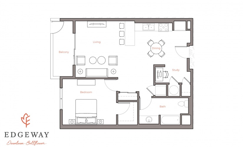 1B - 1 bedroom floorplan layout with 1 bathroom and 798 square feet
